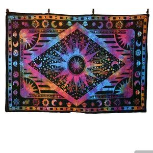 Retro Groovy Psychedelic Celestial Burning Sun Tie Dye Tapestry Wall Hanging